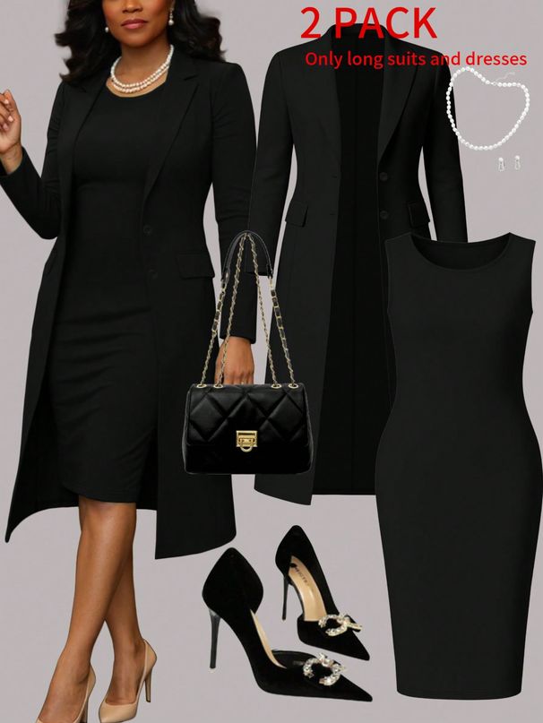 Plus Size Elegant Two Piece Suit Set Blazer And Fitted Sleeveless Dress Solid Color Spring/Autumn Wear_ecoleips.com