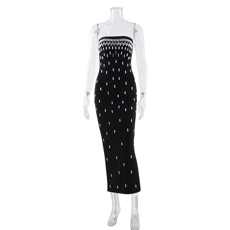Elegant Strapless Bodycon Dress For Women Solid Color Long Dress With Hot Stamped Rhinestone And Slit_ecoleips.com