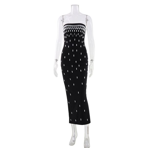 Elegant Strapless Bodycon Dress For Women Solid Color Long Dress With Hot Stamped Rhinestone And Slit_ecoleips.com