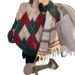 girl Christmas Couple Outfit Autumn Winter Ins Trend Loose Argyle Round Neck Pullover High-end Lazy Style Knitted Sweater_ecoleips.com
