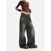 American Retro Washed Vintage Straight-Leg Jeans For Women, Autumn Design, Loose Fit, Draped Wide-Leg Floor-Length_ecoleips.com