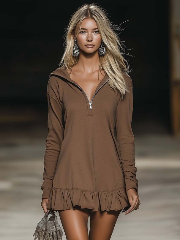 Oversized Hooded Sweatshirt For Women – Longline Hem With Ruffle Detail (Unisex Fit, Coffee Brown, XS-XL)_ecoleips.com