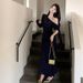 Burgundy Satin Slit-Neck Long Sleeve Bodycon Dress High Waist Asymmetrical Wrap Midi Dress with Detachable Sash for Women_ecoleips.com