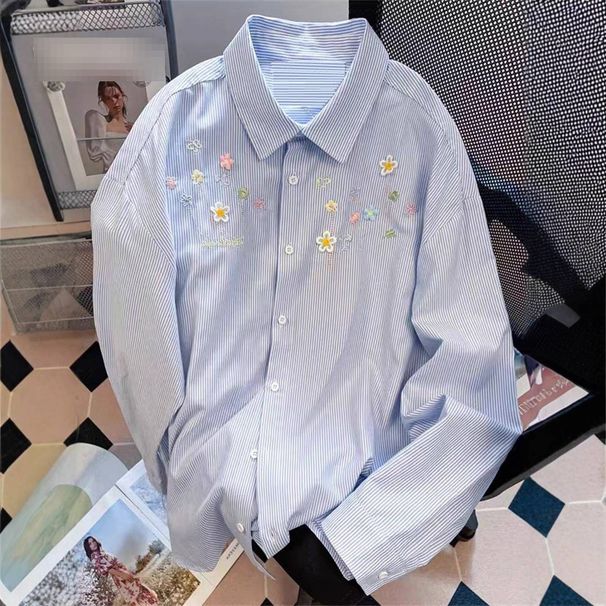 Women's Embroidered Striped Shirt Jacket Loose Casual Cardigan Top Layered Early Autumn Spring Wear Sun Protection Outerwear_ecoleips.com