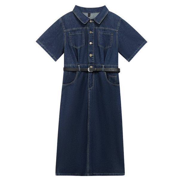 Women's Clothing High End Polo Collar Denim Dress Summer Split Belt Design Niche Temperament Long Skirt_ecoleips.com