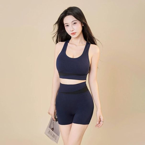 Peach Color Block Yoga Quick-Dry High-Waist Hip-Lifting Fitness Shockproof Running Sports Suit For Women_ecoleips.com