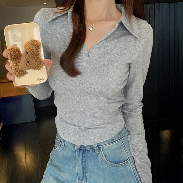 DiYun European And American Casual Simple Long-Sleeve V-Neck Shirt T-Shirt Women's Clothing 2025_ecoleips.com