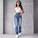 Cross-border 2024 Summer New Fashion Trend Distressed Blue Patchwork High-Waisted Jeans For Women_ecoleips.com