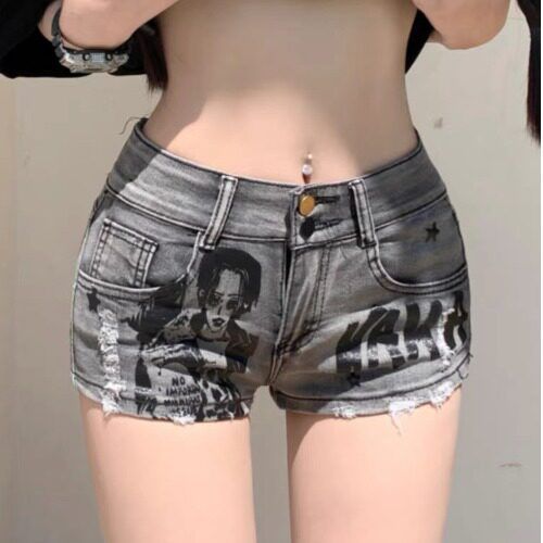 Women's Sexy Ripped Denim Shorts Summer Style Thin Low Waisted American Retro Fashion Print Bodycon Hot Pants_ecoleips.com