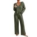 Oversized V-Neck Ribbed Knit Sweater & Lounge Pants Set – Cozy Brushed Polyester Loungewear For Women (Light Gray, Rose, Olive, Charcoal, Navy)_ecoleips.com