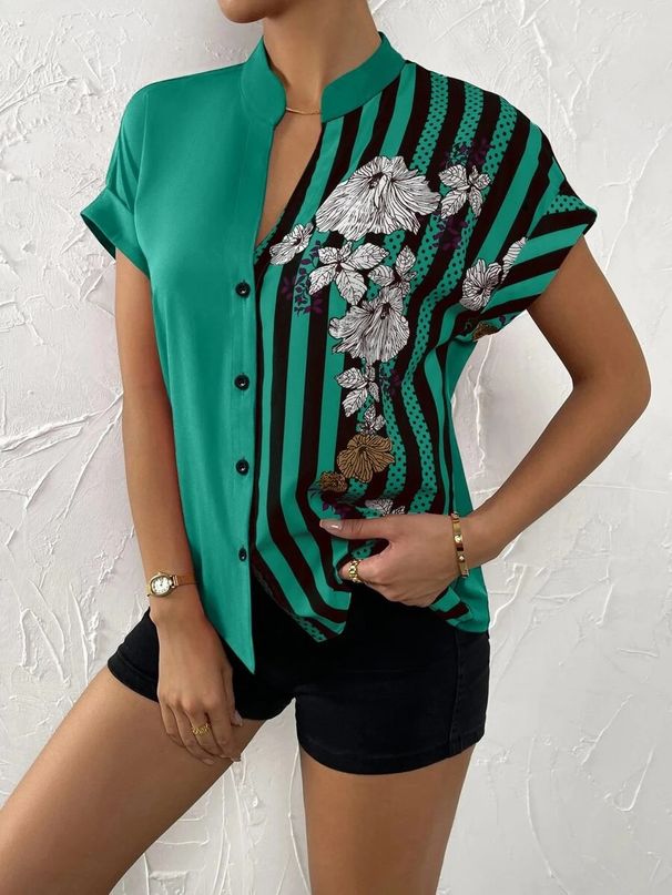 Women's Two Tone Color Block Floral Button Cardigan Short Sleeved Shirt Casual Style Top_ecoleips.com