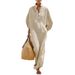 Women's Loose Fit Stand Collar Button Front 3/4 Sleeve Shirt Maxi Dress – Casual Resort Gown For Spring Summer 2026_ecoleips.com