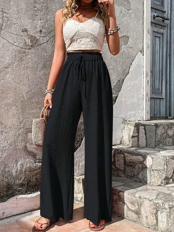 Women's Wide Leg Pants Casual High Waisted Drawstring Palazzo Trousers Loose Fit Smocked Waist Summer Beach Pants_ecoleips.com