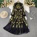 Palace Style Retro Print Stand Collar Lantern Sleeve Dress For Women Summer New Waist Slim Pleated Long Skirt_ecoleips.com