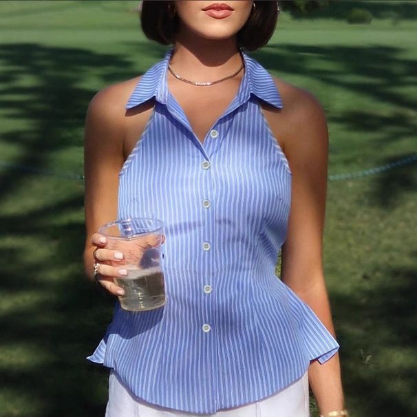 Women's Color Block Striped Tie Waist Sleeveless Open Plank Shirt European American Style Fashion Simple Commuting Top_ecoleips.com