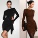 Pleated Ribbon Mini Dress – Long Sleeve Bodycon High Waist Dress In Black & Coffee_ecoleips.com