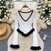 Women's Black White Ruffle Trim Knit Top - Long Sleeve V Neck Slim Fit Ribbed Sweater For Daily & Party_ecoleips.com