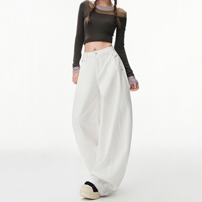Loose-fitting White Denim Jeans For Women, 2025 Autumn Collection, American-style Wide-leg Pants, New Sickle-shaped_ecoleips.com