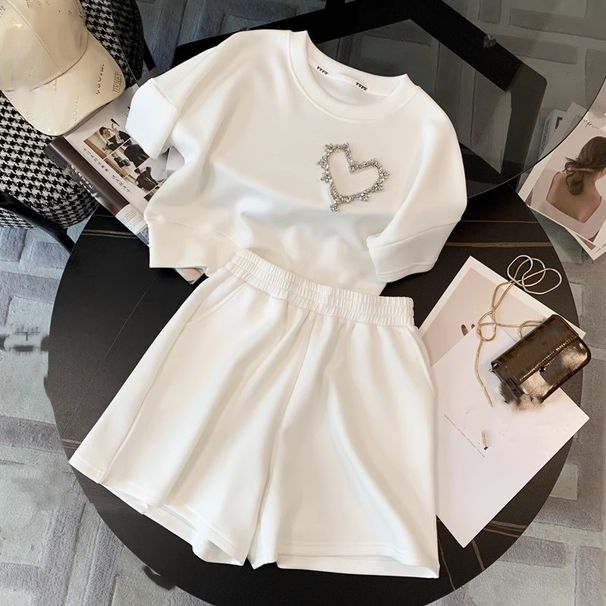 Women's White Casual Sportswear Set Summer Fashionable Loose Fit Short Sleeve Top & Shorts Two-Piece Outfit_ecoleips.com