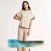 Women's Fashion Two Piece Set Short Sleeved Contrasting Color Slit Sweater High Waist Slim Wide Leg Pants Trousers_ecoleips.com