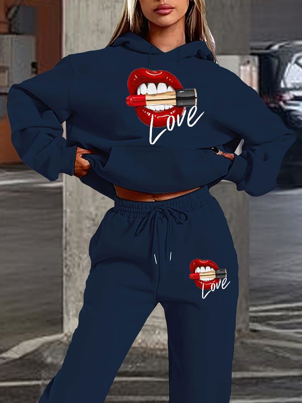 Women's Autumn And Winter Fashion Casual LOVE Lip Print Pattern Print Thickened And Plush Warm Hooded Sweatshirt+sports Pants Set-790_ecoleips.com