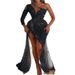 Fashion European-USA Dreamy Socialite Party Evening Dress Women Sexy Deep V-Neck Single Shoulder Diagonal Collar High Slit Glitter Floor-Length Dress_ecoleips.com