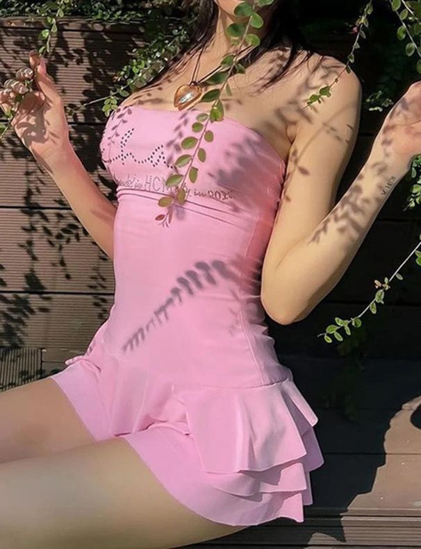 Korean Style Rhinestone Mesh Mini Skirt for Women Backless Strapless Slim Fit Summer Trendy Cross Border Sexy Dress_ecoleips.com