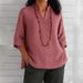 Women's Clothing V Neck Three Quarter Sleeve Cotton And Linen Loose Casual Shirt_ecoleips.com