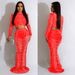 C6318 Fashion Women's Solid Color Mesh Rhinestone Sleeve Long Dress Two-Piece Set_ecoleips.com