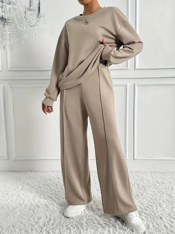 Women's Solid Color Two Piece Suit Round Neck Long Sleeve European American Style Temperament Hot Selling Ins Fashion Set_ecoleips.com