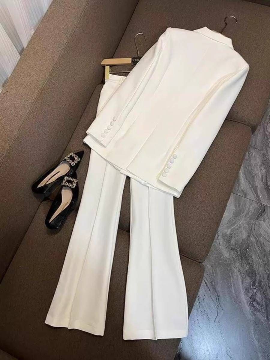 Women's Clothing Fashionable Button Cloth Button Midi Suit Plus Flared Pants Set Two Piece Set_ecoleips.com