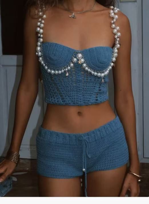 Women's Clothing Spring And Summer New Fashion Sexy Solid Color Navel Baring Sling Beaded Top Short_ecoleips.com