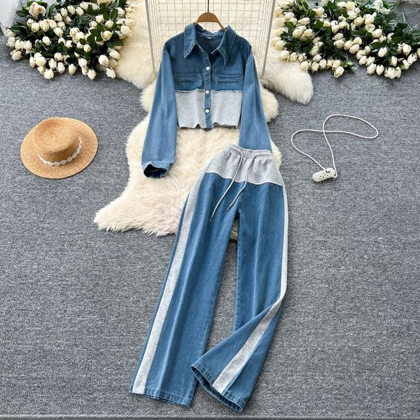 Women's Clothing Casual Suit High Waist Stitching Denim Wide Leg Straight Pants Two Piece Suit Fashionable Lapel Jacket_ecoleips.com