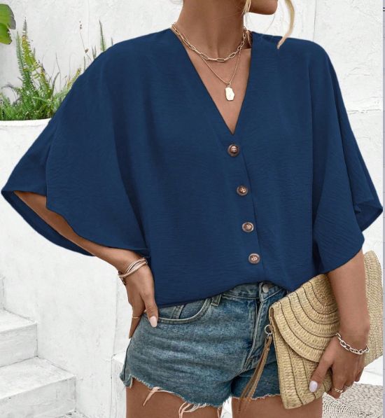 Curvy Women Solid Textured Jacquard V Neck Raglan Sleeve Button Down Blouse, 2025 Spring Summer Beach Vacation Shirt_ecoleips.com