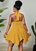 Curvy Jacquard Knit Halter Mini Dress, Metal Buckle Back Bow Ruched Waist Irregular Open Back For Beach Festival Party_ecoleips.com