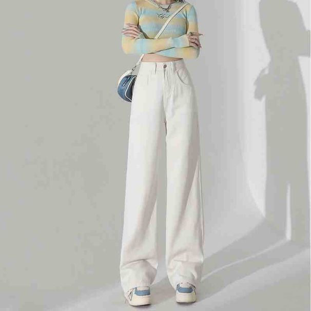 White High-Waisted Wide-Leg Jeans For Women Spring Summer 2024 New Pear-Shaped Loose Straight Draped Floor-Length Pants_ecoleips.com