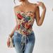 French Retro Floral Print Bandeau Vest Strapless Tie Up Street Style Slim Fit Women's Top_ecoleips.com