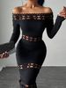 Maxi Dress Spring Summer Women Black Off-the-shoulder Long Sleeve Lace Cutout Bodycon Sexy Party Date Dress_ecoleips.com