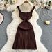 Women's Clothing Sexy Square Neck Knitted Suspender Dress Elastic Waist Slim Pleated Mid Length Skirt_ecoleips.com