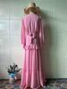 Elegant Comfort Color-Block Maxi Dress - V-Neck Long Sleeve Polyester Blend Dress With Princess Seams For Women (Pink)_ecoleips.com
