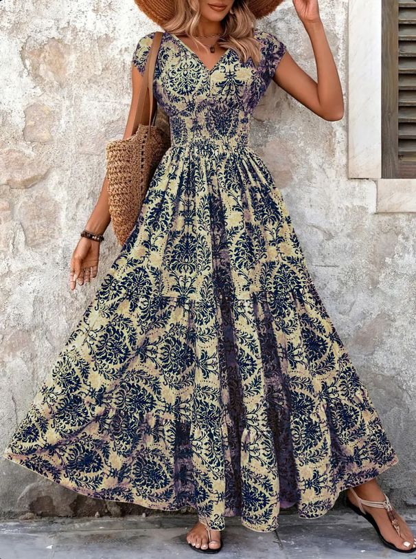 Vintage Floral Print Dress, Fashionable And Elegant V-neck Short-sleeved Dress_ecoleips.com