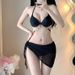 Women's Black Push Up Padded Bikini Small Bust Underwire Rhinestone Chain Three Piece Swimsuit Sexy Vacations Hot Springs_ecoleips.com