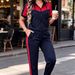 Women's Casual Contrast Trim Hooded Top And Striped Straight Leg Pants Two-Piece Outfit Short Sleeve Set_ecoleips.com