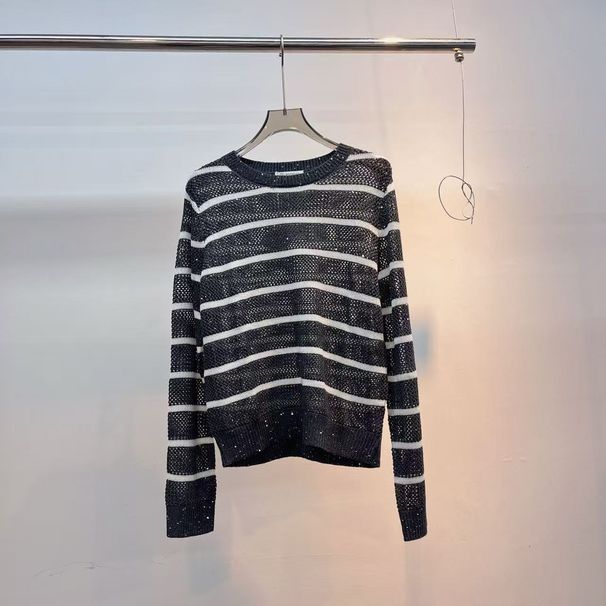 BC 2026 Fall & Winter New Arrival, Women's Warm Long-Sleeve Wool Pullover, Crew Neck Glitter Stripe Color Block Knit Top_ecoleips.com