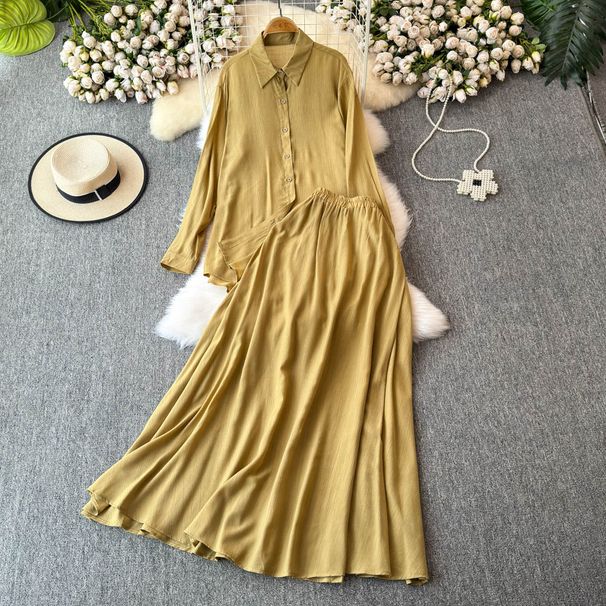 Premium Korean Style Fashion Set for Women Loose Fitting Long Sleeved Shirt And Top Two Piece Set with High Waisted Slimming Skirt Elegant And Stylish_ecoleips.com