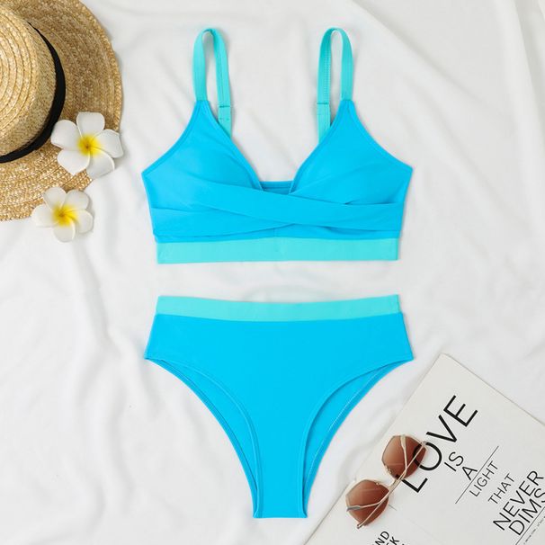 Women's Clothing Split High Waist Sports Swimsuit Contrast Color Cross Gathered Swimsuit_ecoleips.com