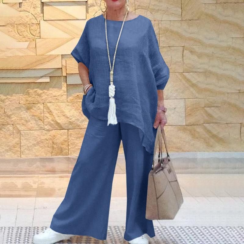 Women's Clothing New Women's Cotton And Linen Fashion Casual Large Size Asymmetric Long Sleeved Suit Wide Leg Pants Two Piece Suit_ecoleips.com