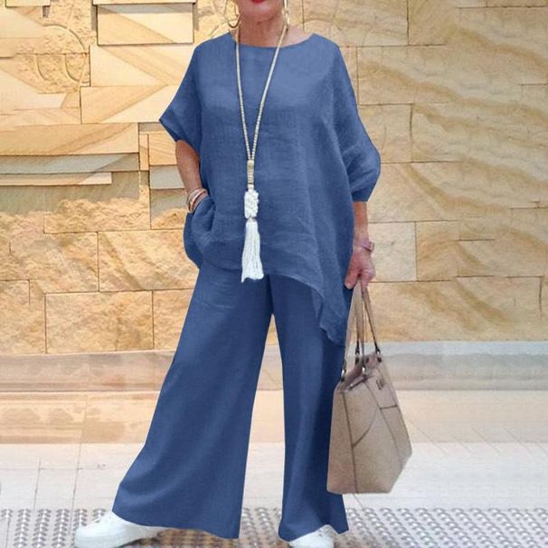 Women's Clothing New Women's Cotton And Linen Fashion Casual Large Size Asymmetric Long Sleeved Suit Wide Leg Pants Two Piece Suit_ecoleips.com