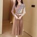 European Style Autumn Fashion Pleated Round-Neck Patchwork Slim-Fit Slimming Dress Mid-Length Pleated Skirt_ecoleips.com