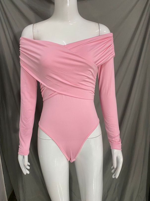 Elegant Off-Shoulder Pleated Slim Bodysuit Solid Color For Commuter Women's Jumpsuits & Rompers_ecoleips.com